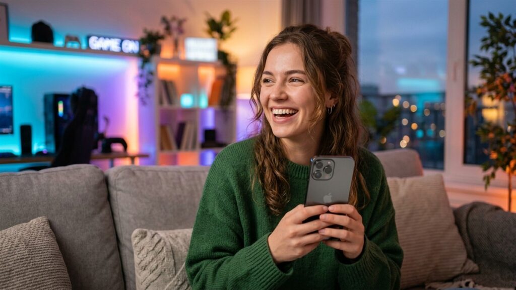 Happy female gamer smiling joyfully while holding phone after winning competitive PvP match - Siege the Summit