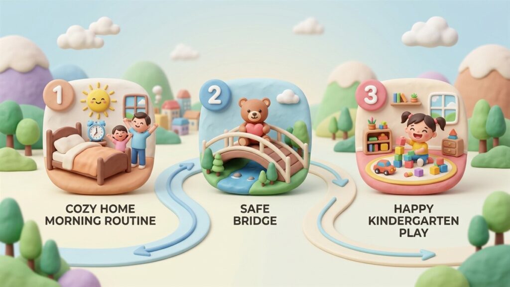 3D claymorphic infographic showing 3 steps of gentle kindergarten separation: cozy home routine, safe bridge, and happy kindergarten play