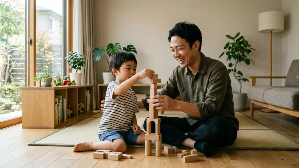 자녀 보호 기능: 블록 놀이로 스마트폰에서 자연스럽게 전환하는 아빠와 아들