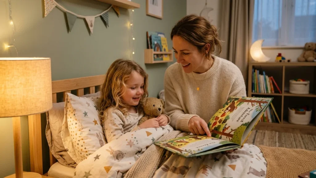 Contrôle parental avant le sommeil : mère lisant une histoire à sa fille dans une chambre paisible