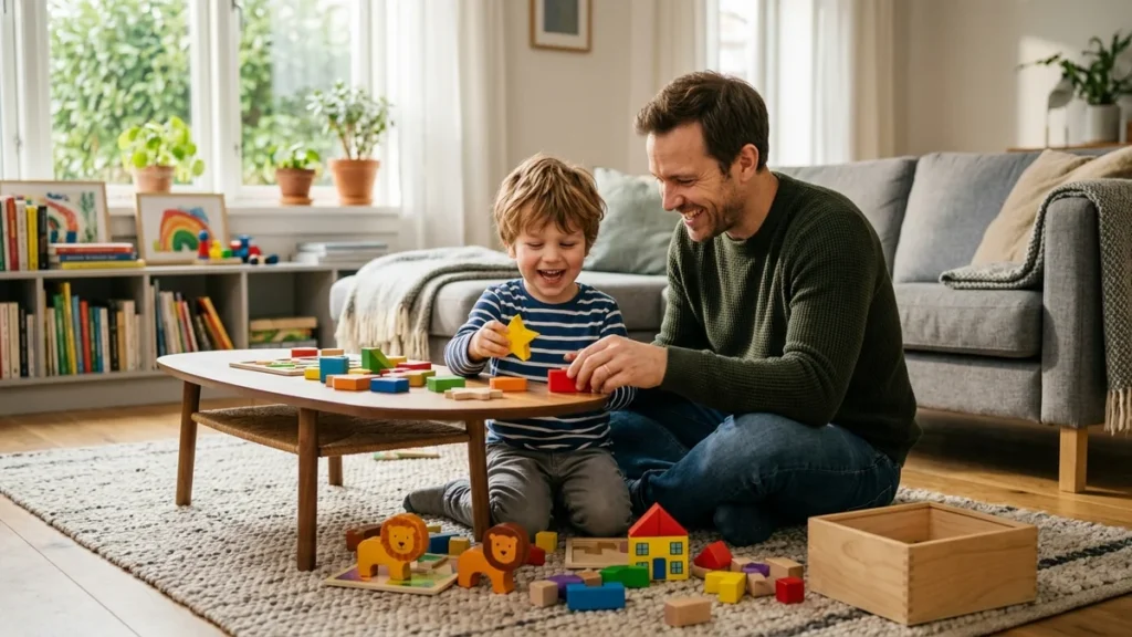 Contrôle parental sans crise : père et fils jouant aux briques de construction lors de la pause d'écran